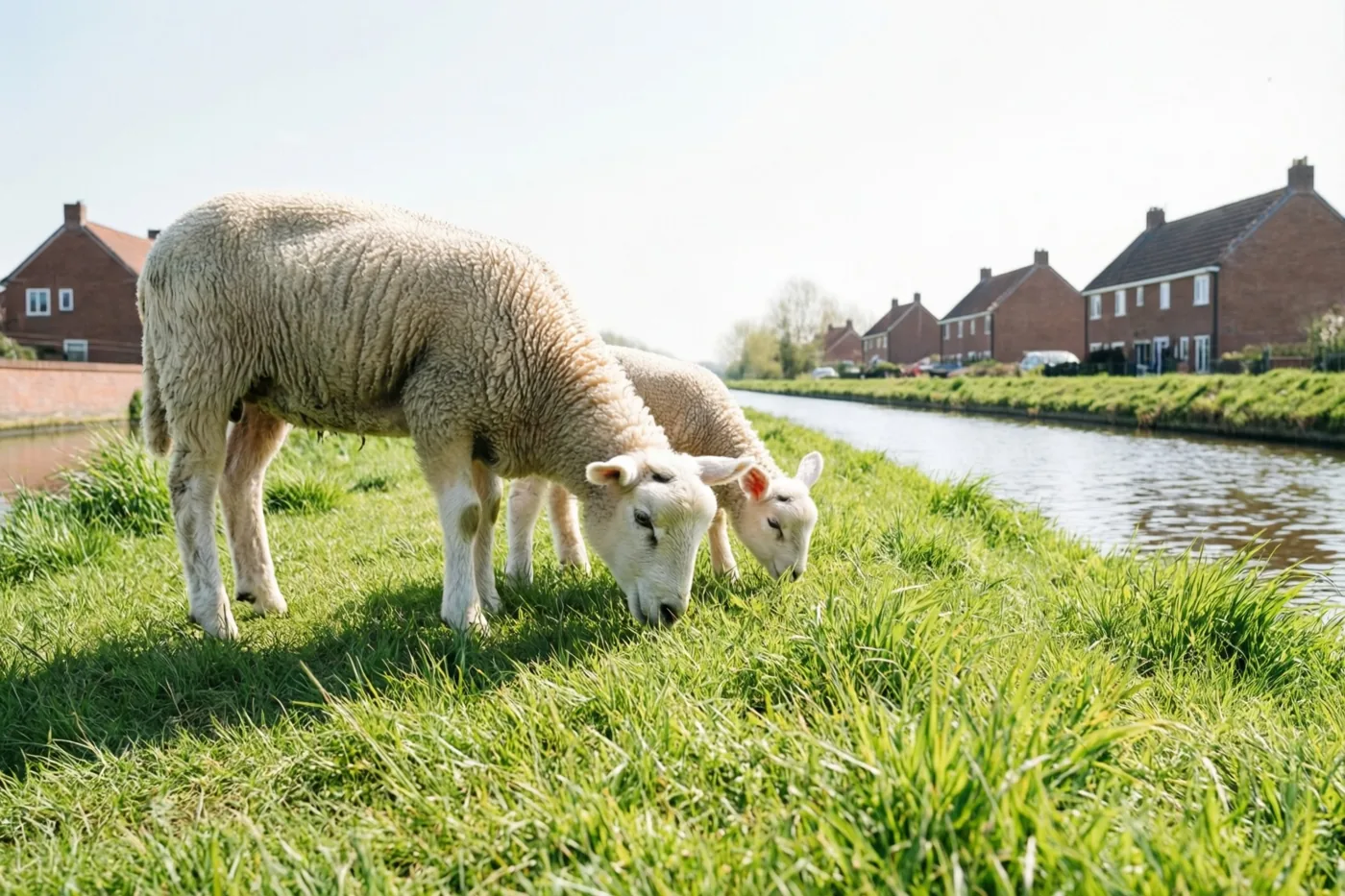 Een volwassen schaap en een lammetje grazen op groen gras langs een kanaaldijk, met bakstenen huizen aan de overkant onder een heldere lucht.