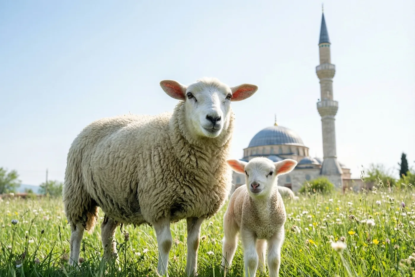 Een ooi en haar lam staan tussen gras en wilde bloemen in een zonnige weide, met een moskee en een opvallende minaret onder een helderblauwe hemel op de achtergrond.