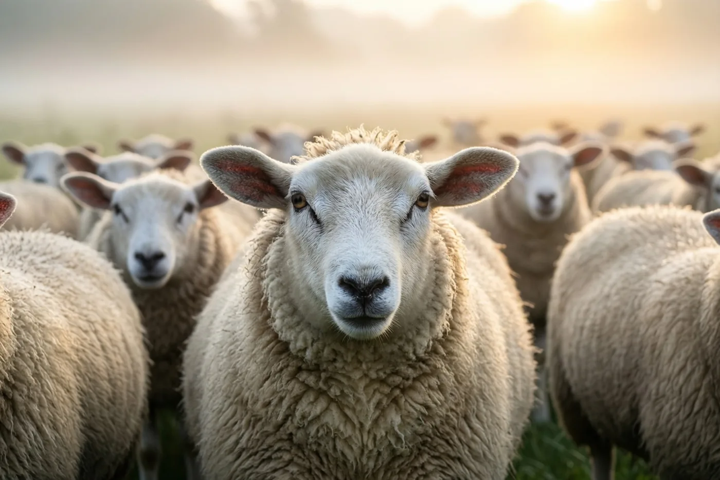 Een schaap kijkt van dichtbij recht in de camera, omringd door een kudde in een mistige weide bij een goudkleurige zonsopgang.