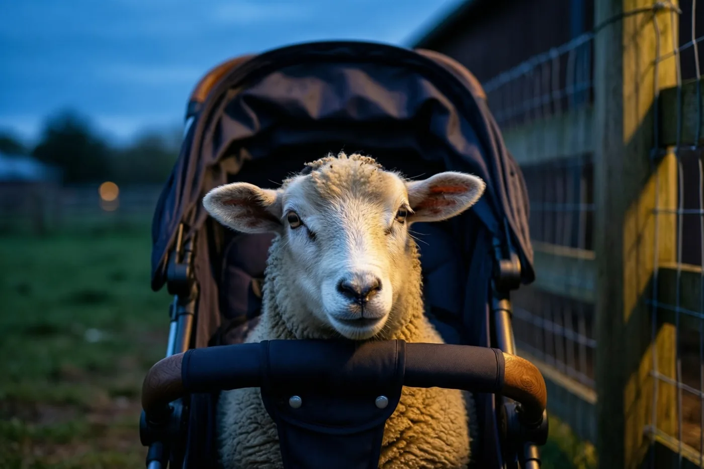 Een jong schaap met pluizige witte wol kijkt vanuit een donkerblauwe kinderwagen naar de camera, buiten bij een houten weidehek in de schemering.