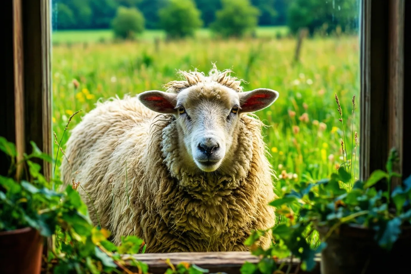 Een schaap met een dikke, ruige vacht kijkt door een houten raamkozijn, met een groene weide erachter en potplanten op de voorgrond.