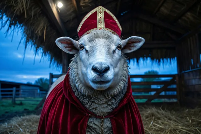 Een wollige Sint bij schemerlicht
