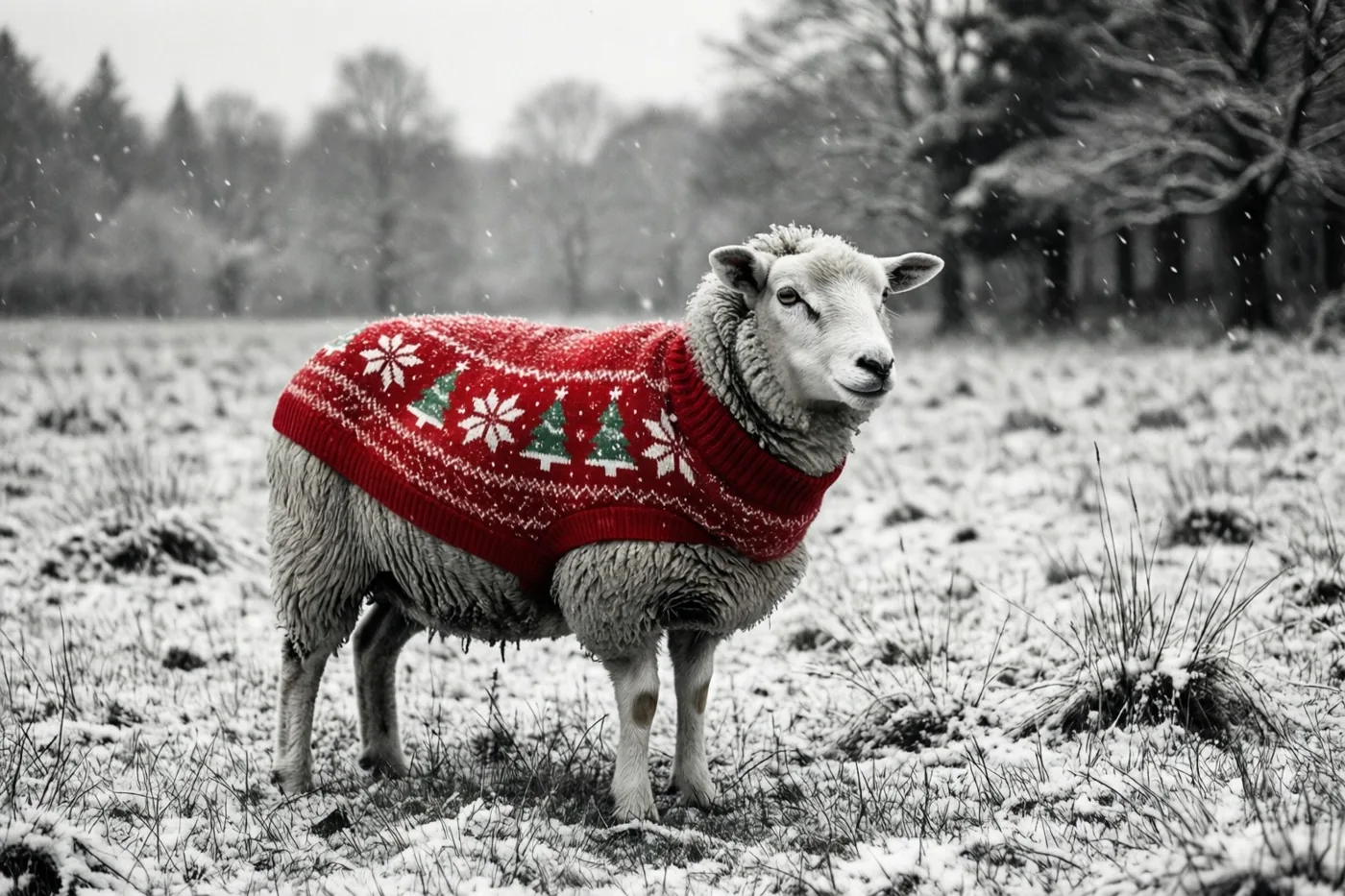 Een schaap staat in een besneeuwde weide met een rode gebreide kersttrui met groene bomen en witte sneeuwvlokken, terwijl de omgeving in zwart-wit is weergegeven.