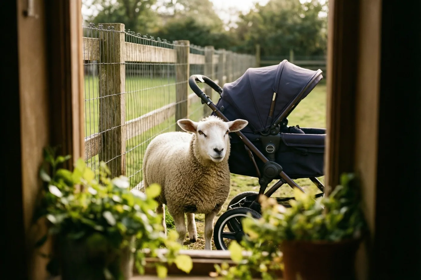 Een schaap staat naast een donkerblauwe kinderwagen en kijkt door een raamkozijn naar de kijker, met een houten hek en groen op de achtergrond.