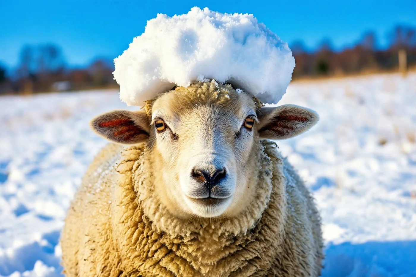 Een schaap met een grote sneeuwbal op zijn kop staat in een besneeuwd veld onder een helderblauwe hemel.