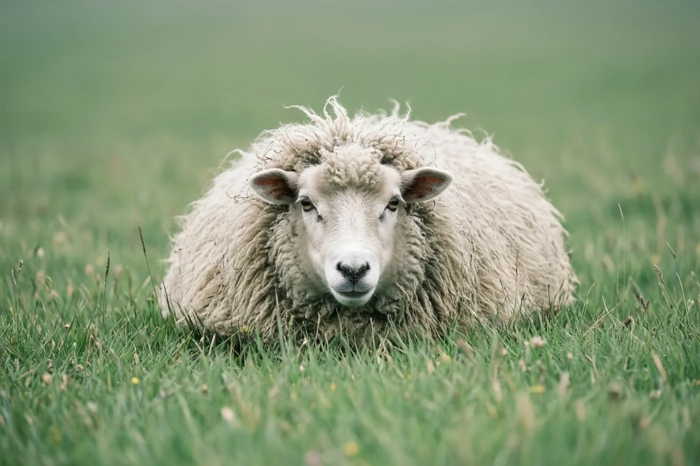 Een schaap met een dikke, ruige vacht ligt in een groene weide met zijn gezicht net boven het gras.