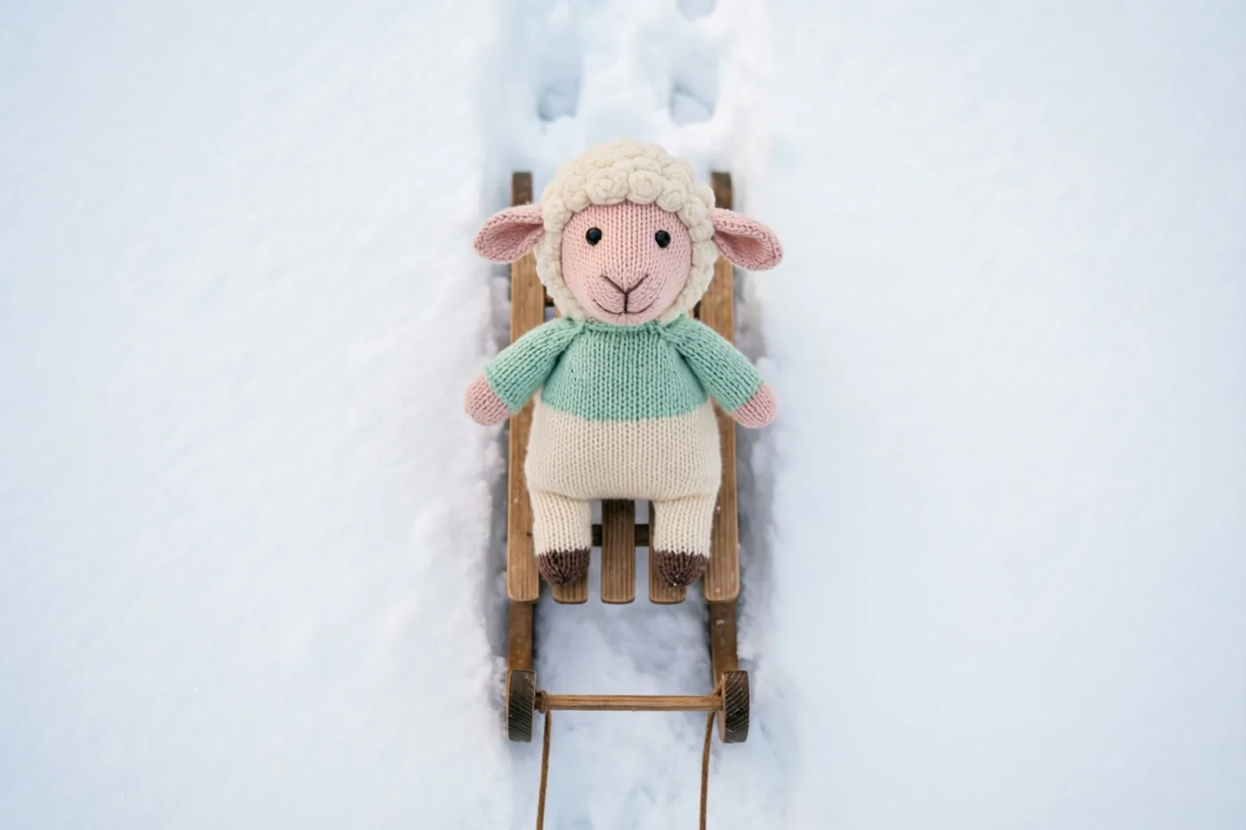 Een klein gebreid speelgoedschaap met een groene trui zit op een houten slee in een sneeuwlandschap met zachte groen- en crèmetinten.