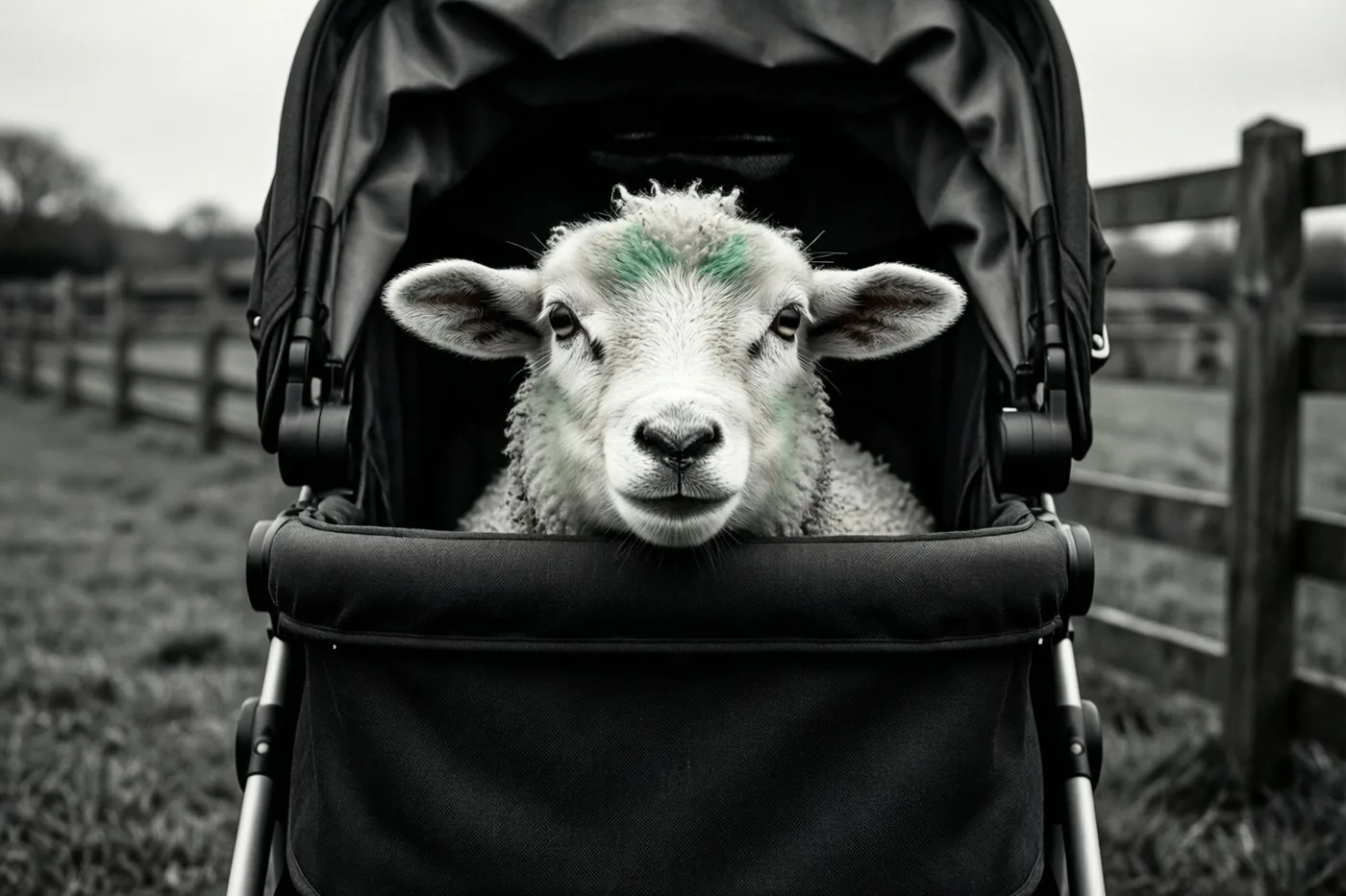 Een jong schaap met groene vlekken op het voorhoofd kijkt uit een zwarte kinderwagen bij een houten weidehek onder een bewolkte lucht, in een verder monochroom beeld.