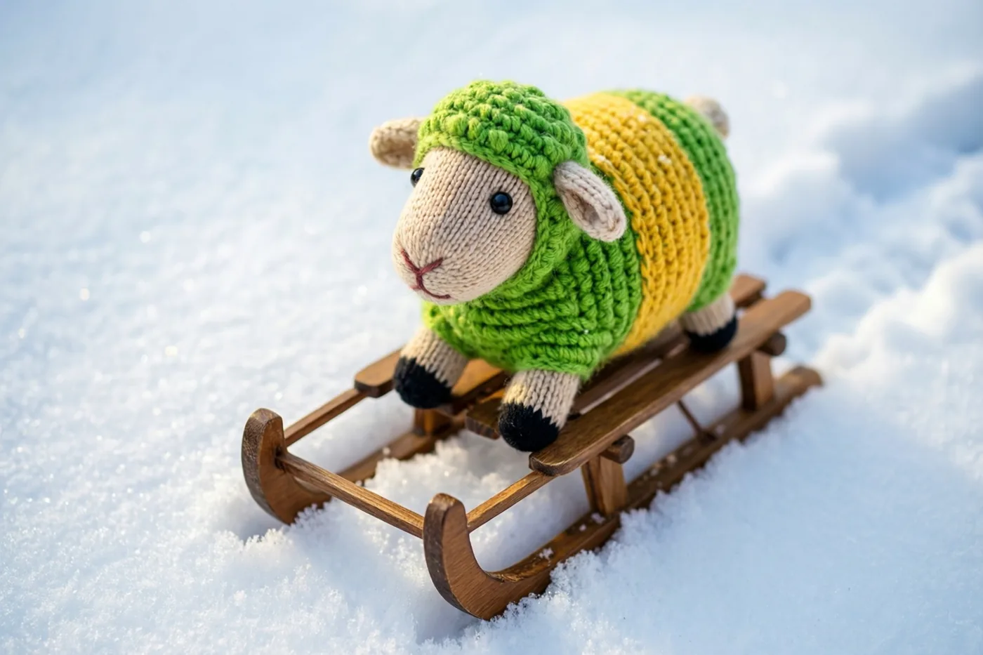 Een klein gebreid speelgoedschaap met een groen-geel gestreepte trui zit op een houten slee in een helder sneeuwlandschap.
