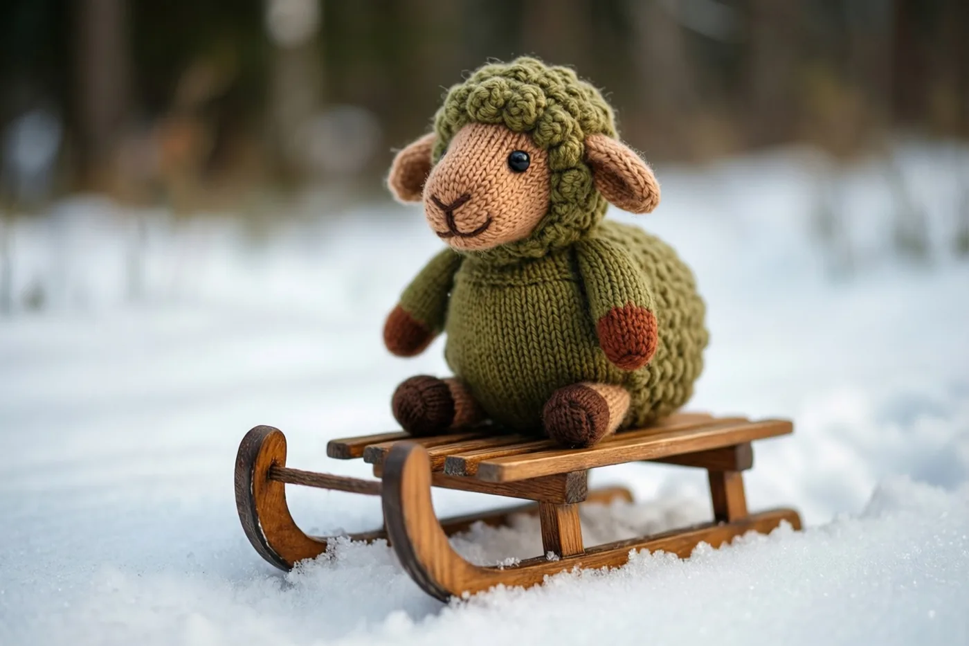 Een klein gebreid speelgoedschaap van groene wol met bruine accenten zit op een houten slee in de sneeuw, met onscherpe bomen op de achtergrond.