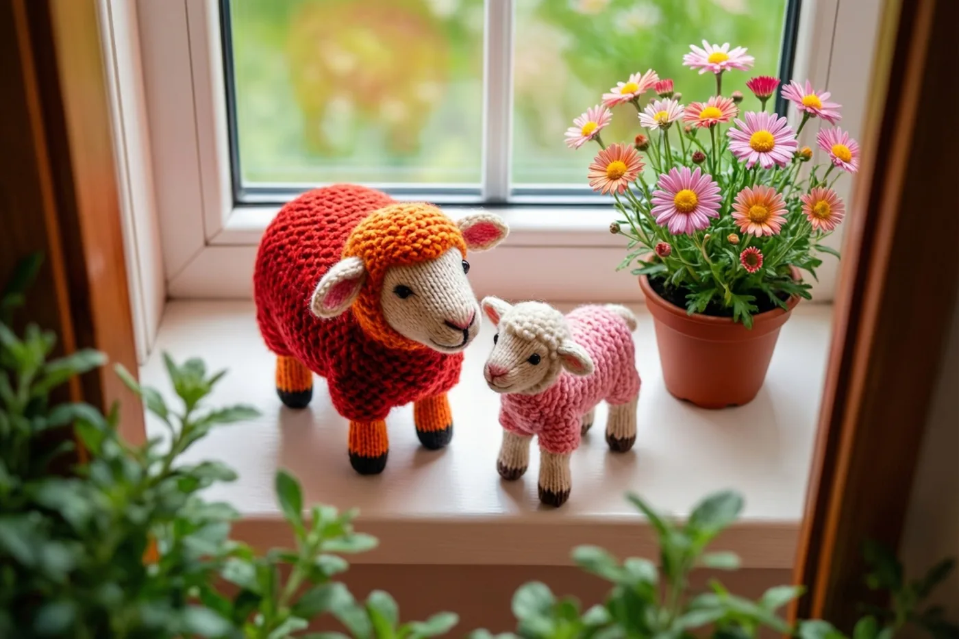 Een groot en een klein gebreid schaap staan op een vensterbank naast roze en oranje madeliefjes in een pot, met groen blad op de voorgrond.