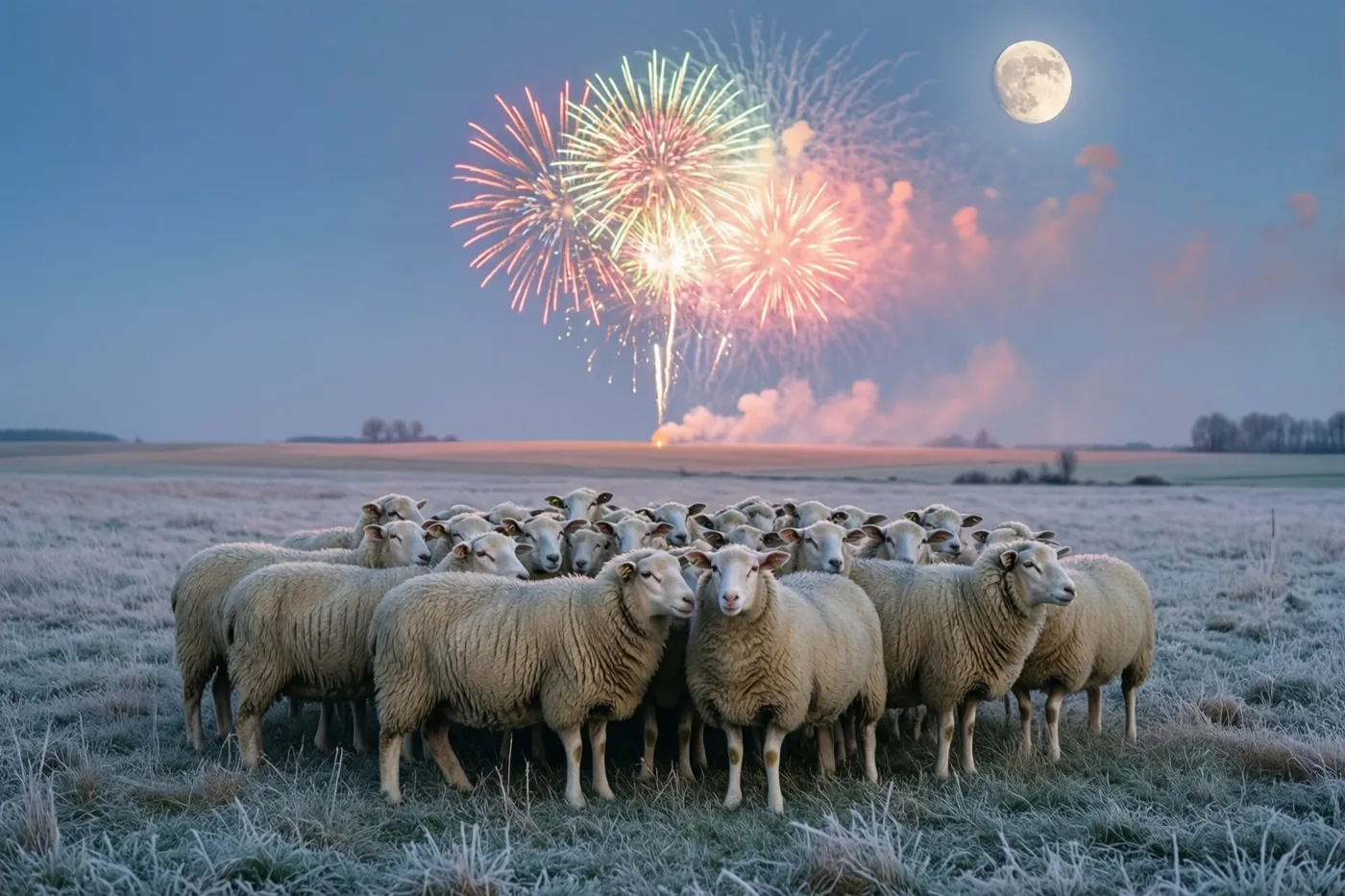 Een kudde schapen staat dicht bij elkaar in een berijpte weide onder een maanverlichte hemel met kleurrijk vuurwerk aan de horizon.