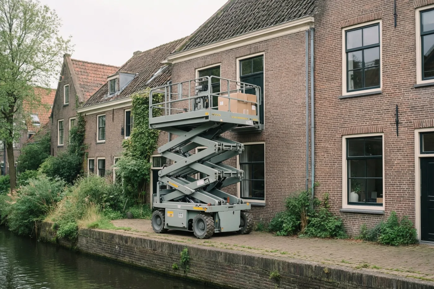 Een grijze schaarlift tilt een kartonnen doos naar een bovenraam van een bakstenen huis aan een rustig kanaal, met groen langs de oever onder een bewolkte hemel.