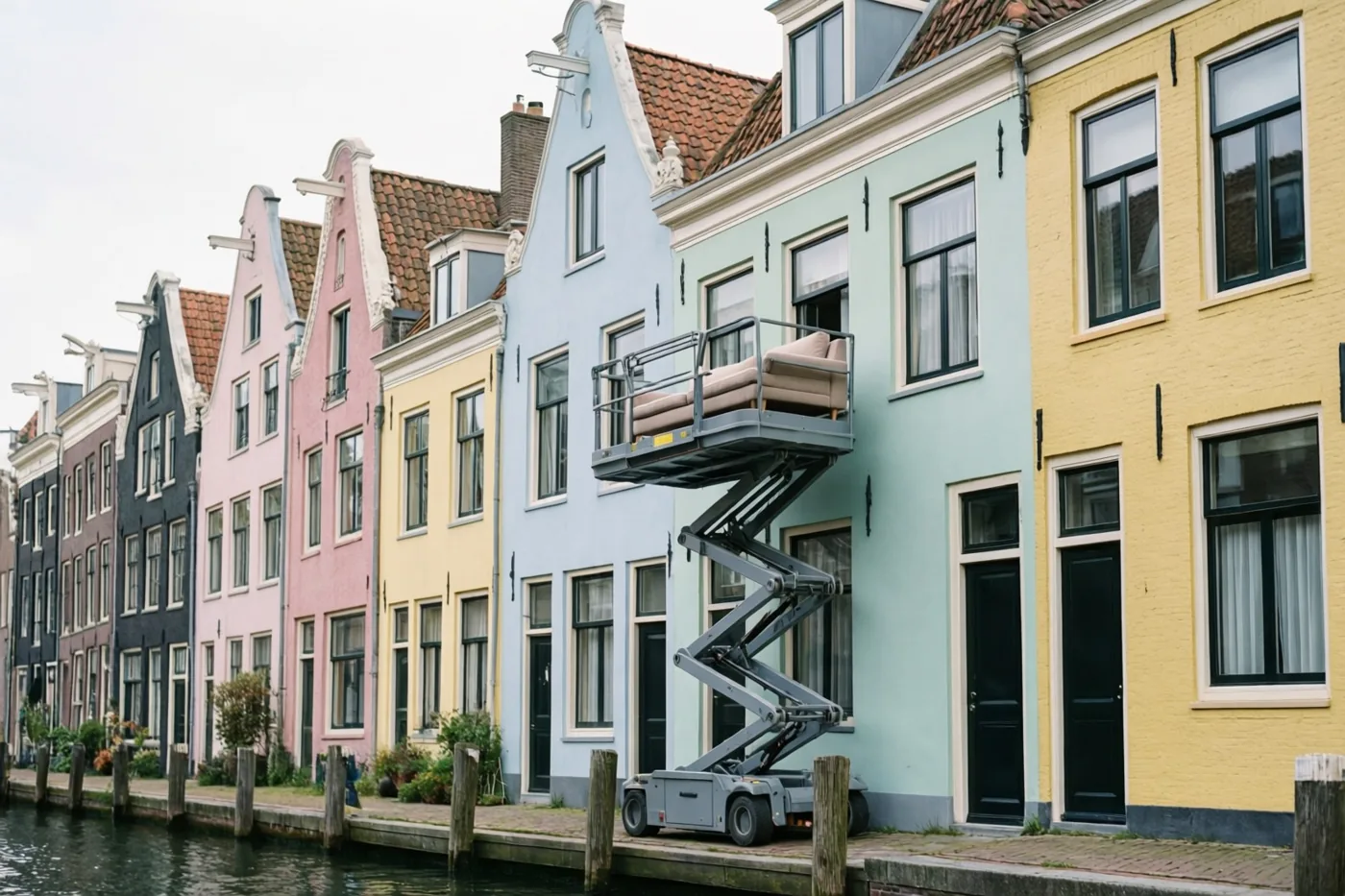 Een grijze schaarlift brengt een beige zetel naar een raam op de tweede verdieping van een rij pastelkleurige huizen langs een kanaal onder een bewolkte hemel.