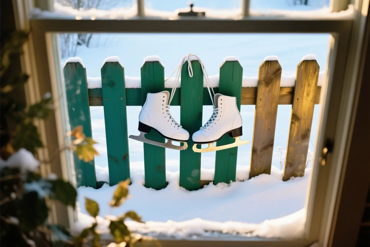 Door een raamkozijn zijn witte schaatsen te zien die aan hun veters aan een besneeuwde groene houten omheining hangen, onder een blauwe lucht.