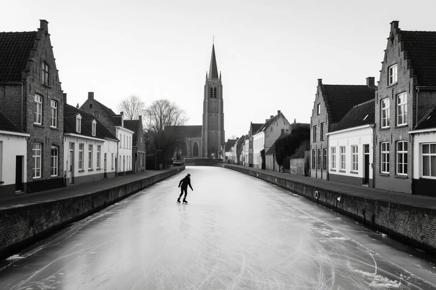 Een eenzame schaatser glijdt over een bevroren kanaal tussen bakstenen gebouwen in een Vlaams dorp, met een kerktoren in de verte, alles in één kleurtoon.