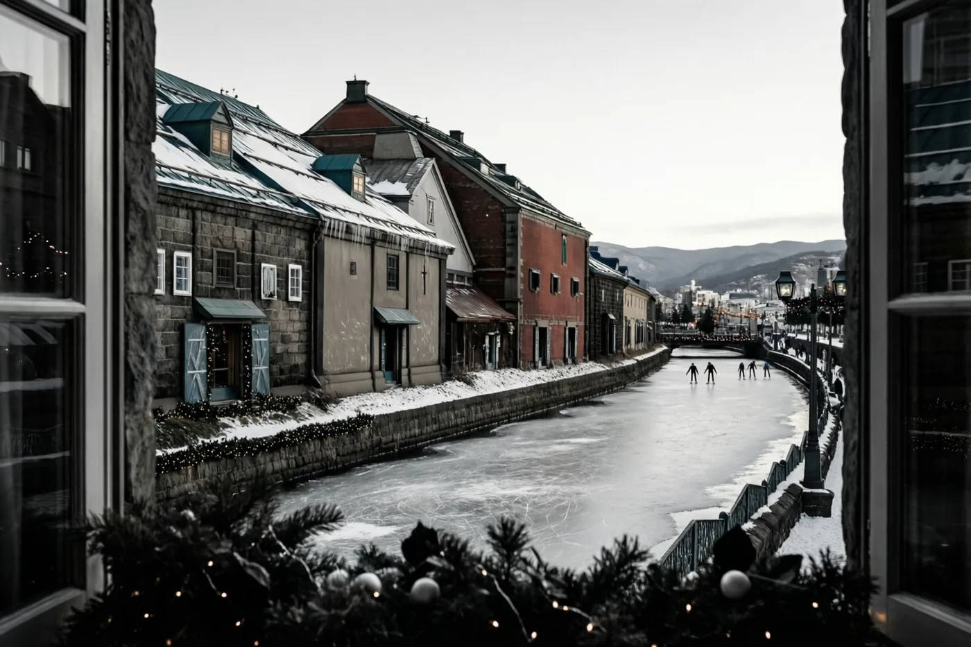 Vanuit een raam zijn oude trapgevels langs een bevroren waterloop met schaatsers in de verte en kerstlichtjes aan de kaai te zien in grijze, rode en witte tinten.