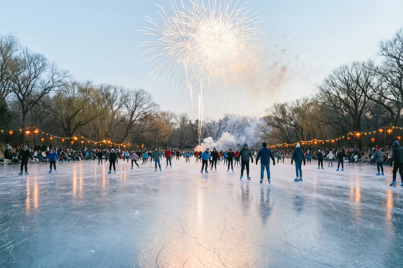 Schaatsers bewegen over een bevroren vijver tussen kale bomen, met lantaarnsnoeren langs de randen en vuurwerk in de schemerlucht.