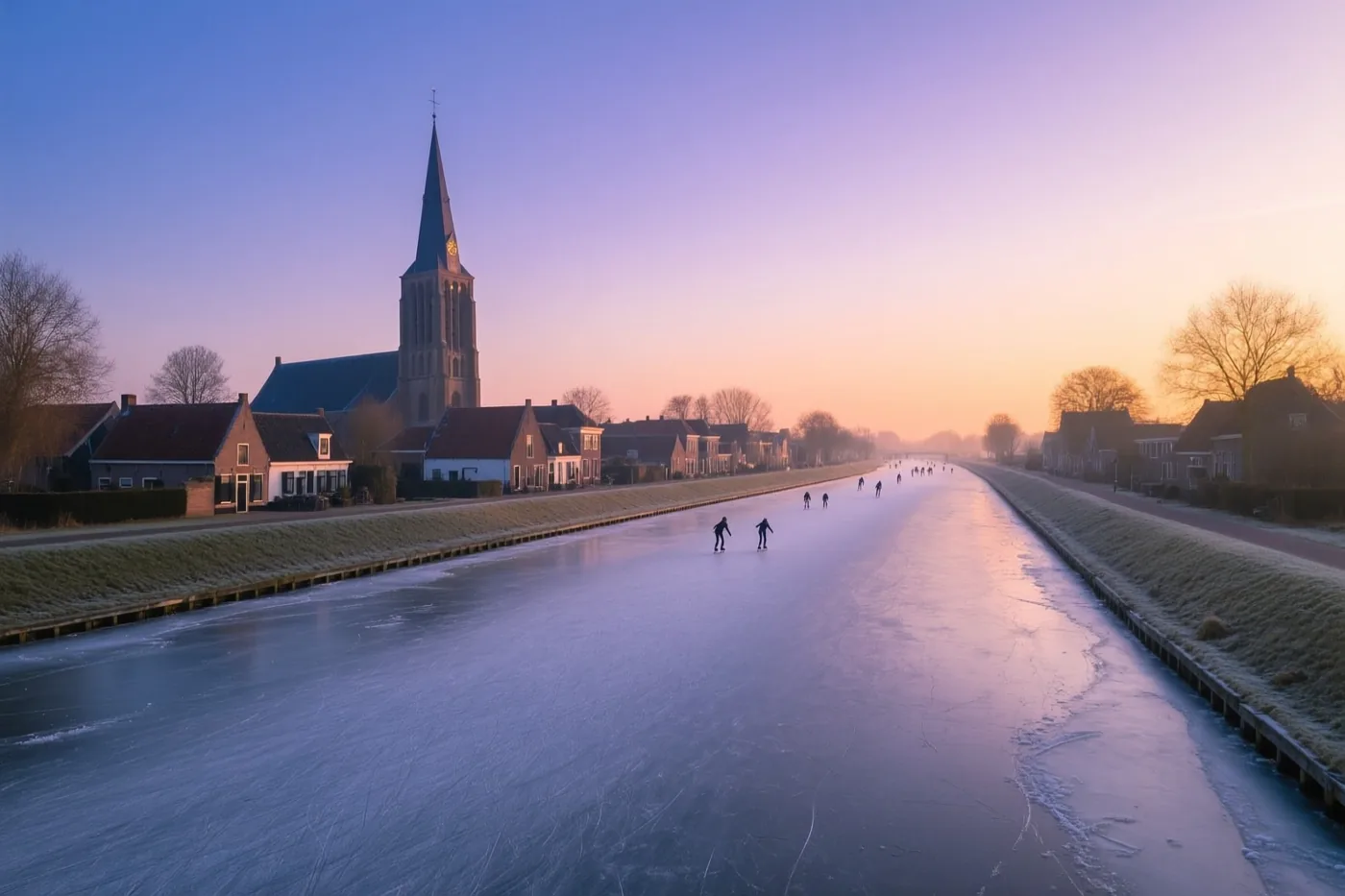 Schaatsers glijden bij dageraad over een bevroren kanaal in een Vlaams dorp, met links een kerktoren onder een paarse en oranje lucht.