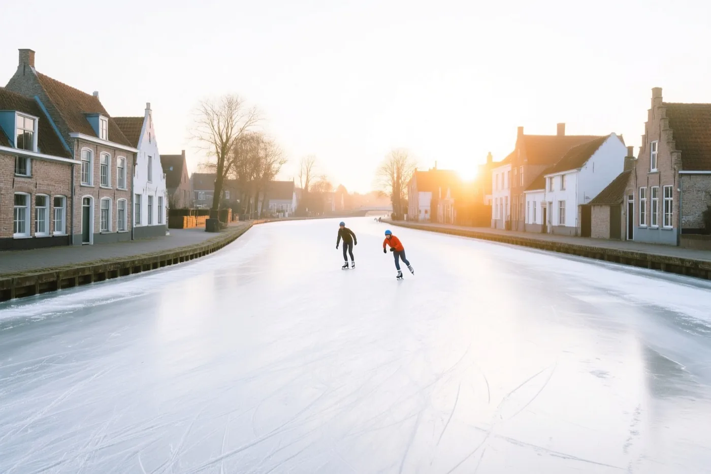 Twee schaatsers glijden bij zonsondergang over een bevroren kanaal in een Vlaams dorp, met traditionele huizen aan weerszijden in warm goudkleurig licht.