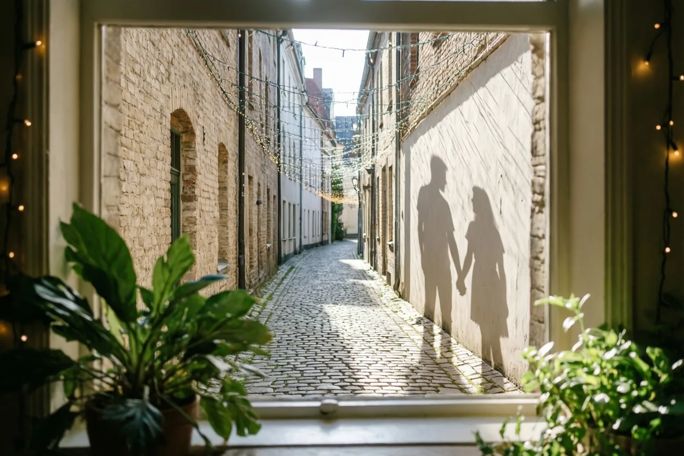 Door een raam zie je op een muur in een zonnig kasseisteegje de schaduwen van twee mensen die elkaars hand vasthouden, met lichtslingers en groene planten.
