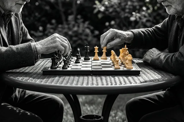 Twee oudere mannen schaken aan een ronde tuintafel in de schaduw en reiken met hun handen over het bord op een zwart-witbeeld.
