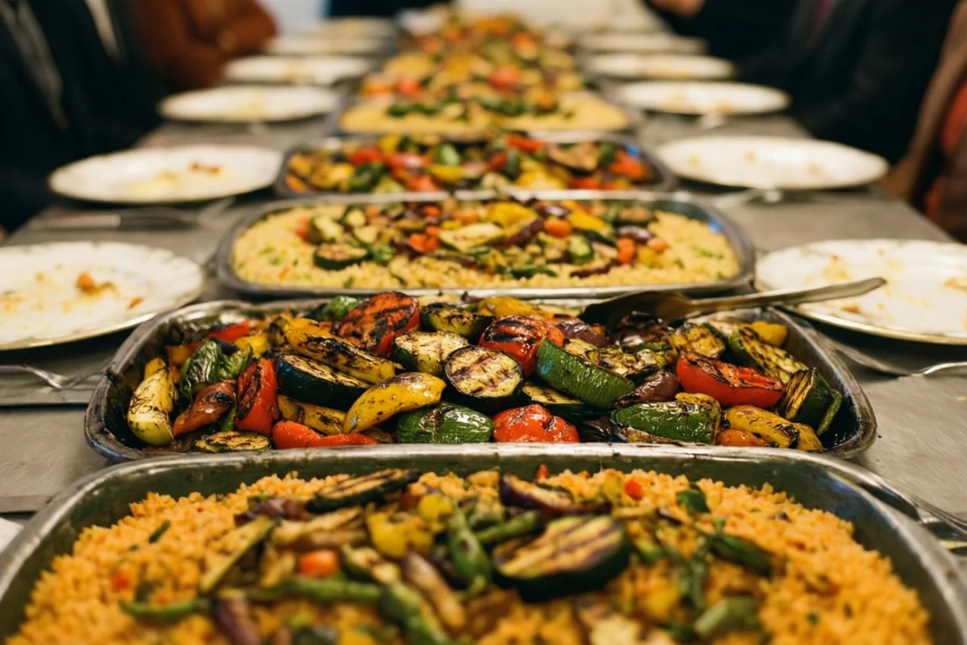 Een lange tafel staat vol metalen schalen met couscous en gegrilde groenten in oranje, groene en rode tinten.