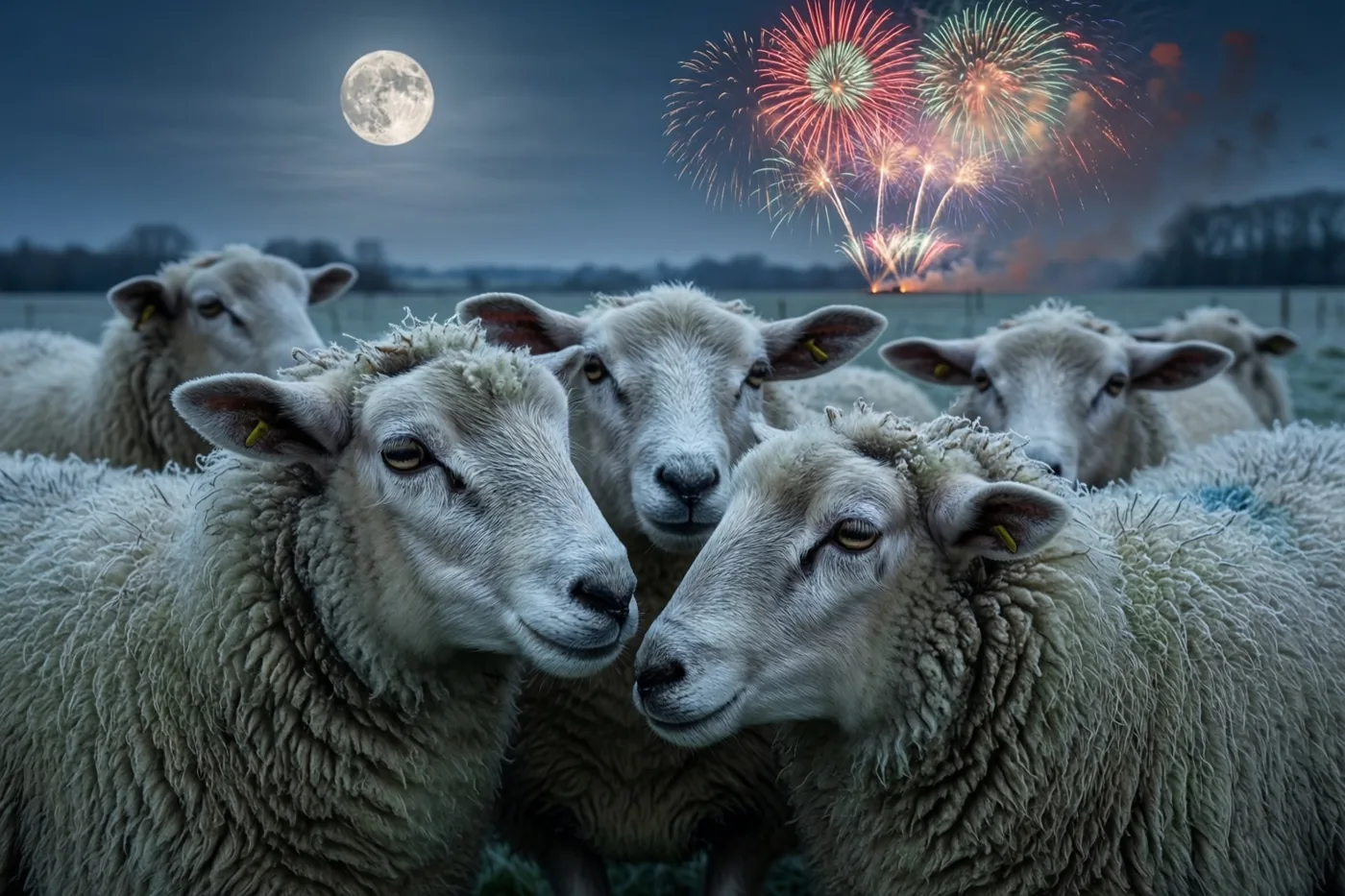 Enkele schapen staan van dichtbij gezien tegen elkaar in een berijpte wei onder een volle maan, met rood, groen en geel vuurwerk aan de horizon.