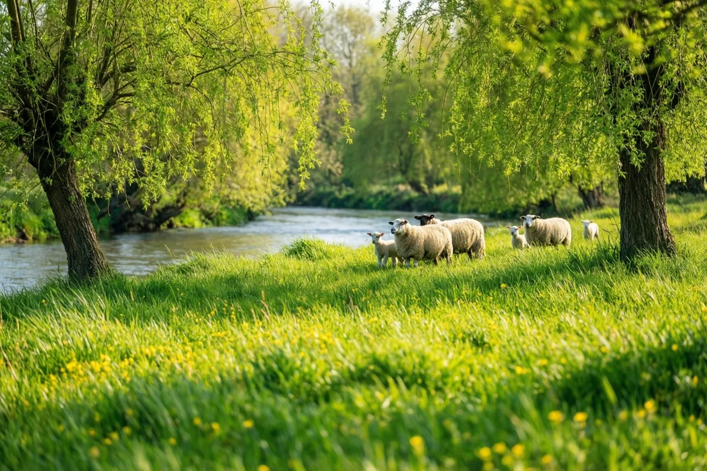 Schapen en lammetjes staan in een felgroene weide naast een rivier, omringd door wilgen met jong blad in helder zonlicht.