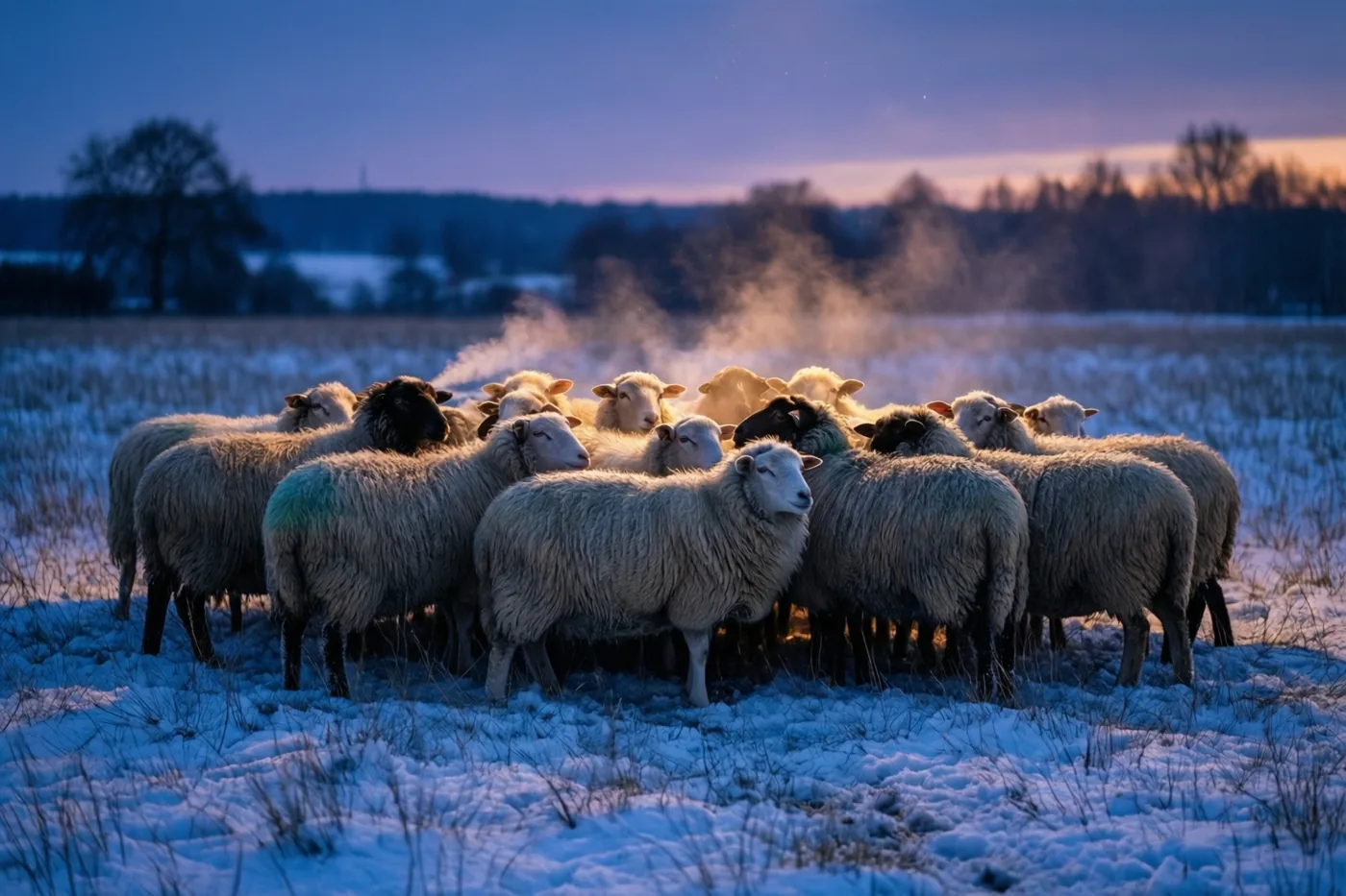 Een kudde schapen staat dicht bijeen in een besneeuwde weide onder een blauw-paarse schemerlucht, met gouden licht op hun wol en zichtbare adem.