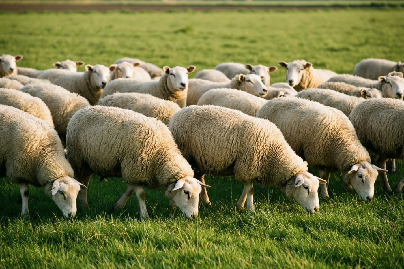 Een kudde schapen met dikke wollen vachten graast in een weelderige groene weide onder zacht zonlicht.