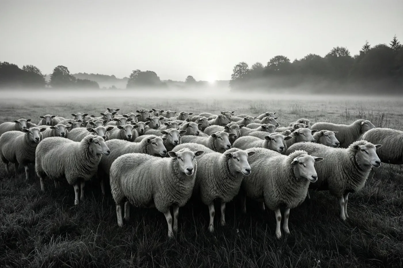 Een zwart-witfoto toont een grote kudde schapen in een grasweide met mist bij zonsopgang.