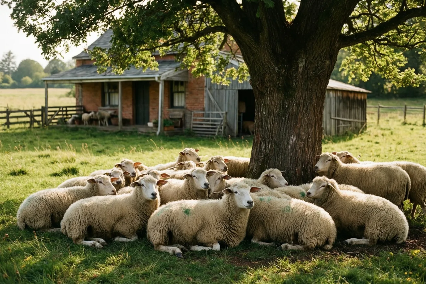 Een kudde schapen rust onder een grote boom in een zonnige weide naast een bakstenen boerderij met een houten schuur.