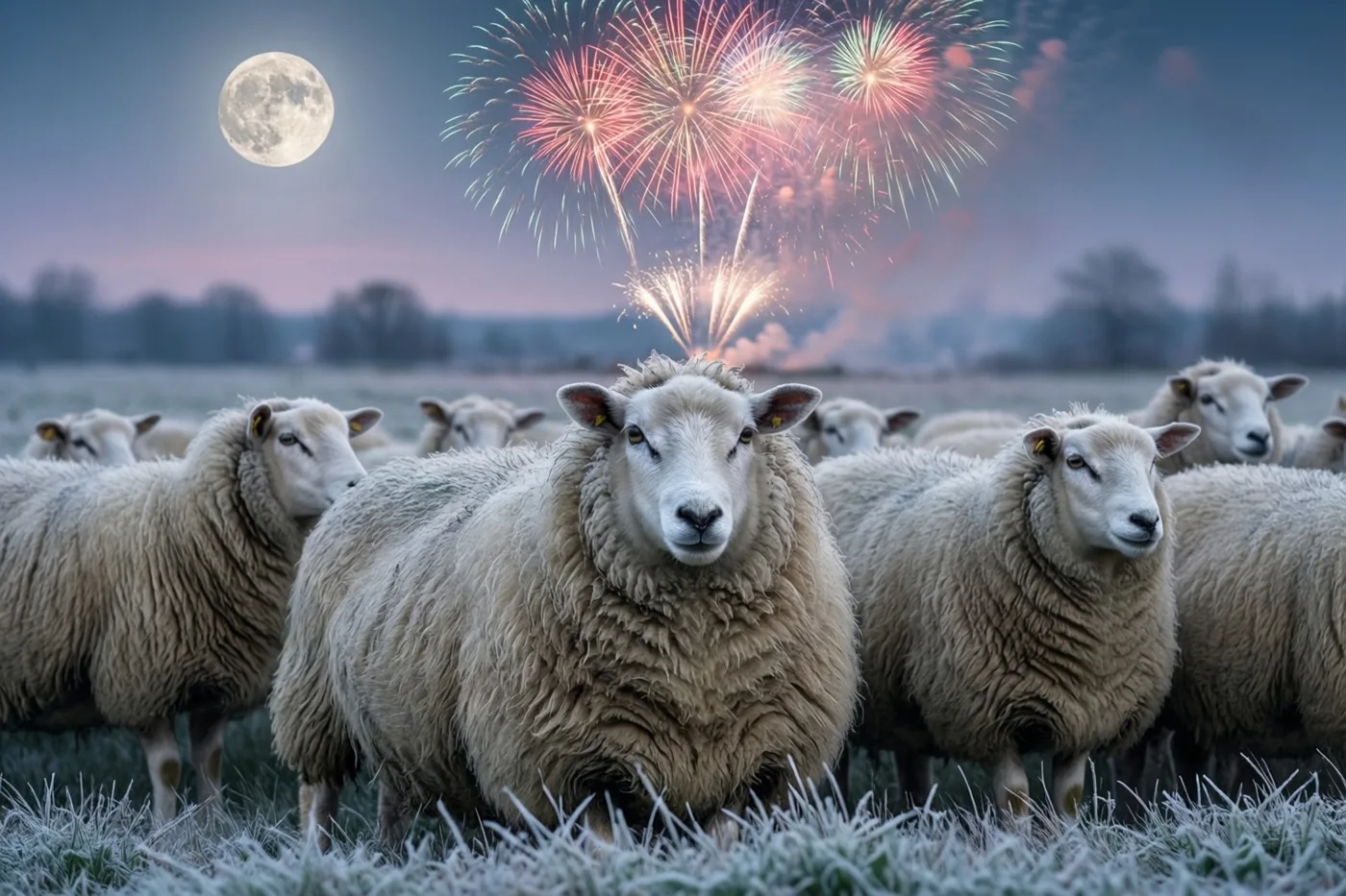 Een kudde schapen staat in een berijpte weide onder een volle maan, met kleurrijk vuurwerk in een blauw-paarse schemerhemel.