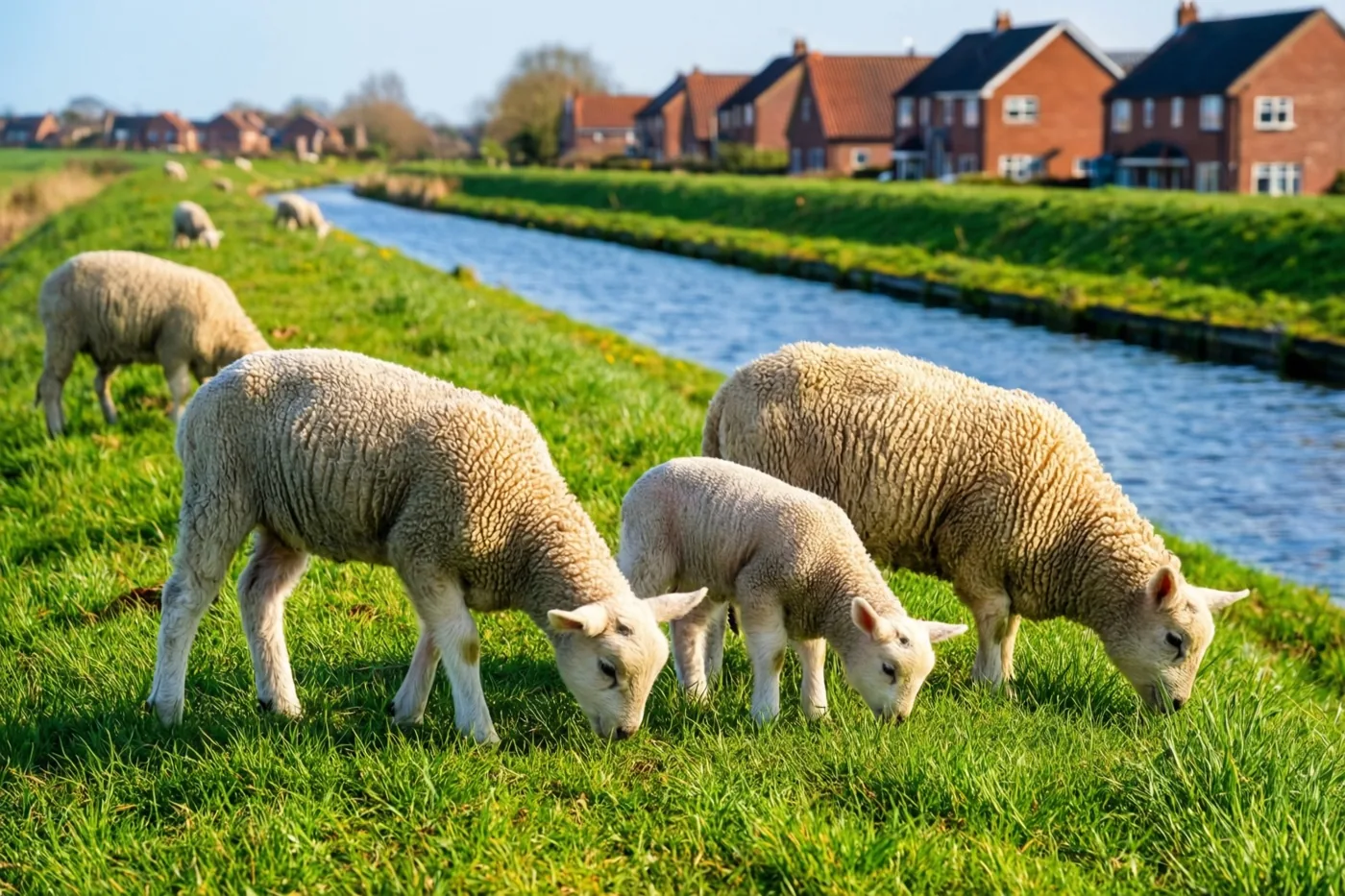 Schapen en lammetjes grazen op een groene grasdijk naast een rustig kanaal, met rode bakstenen huizen onder een helderblauwe lucht op de achtergrond.