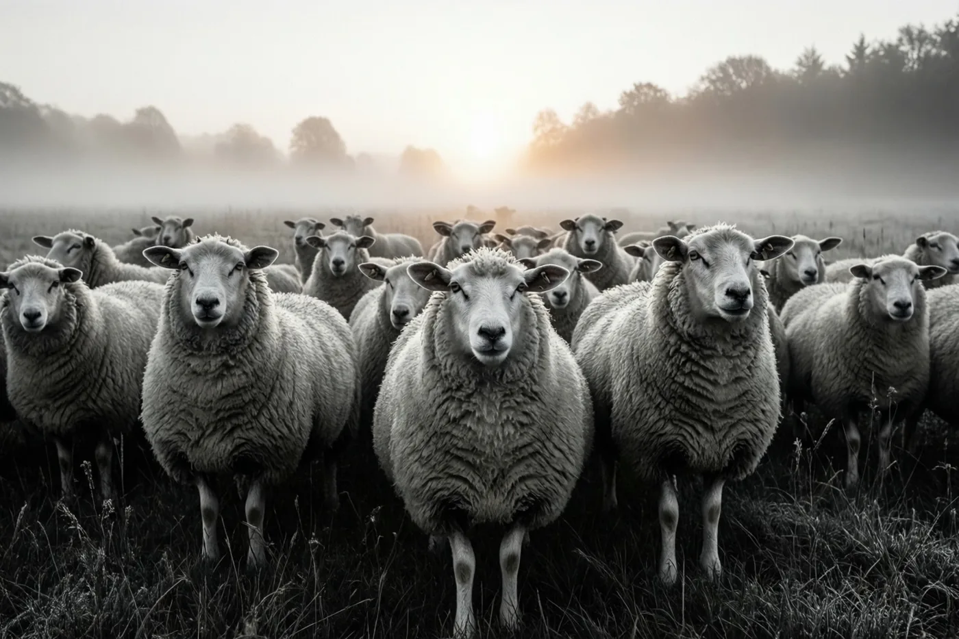 Een kudde schapen staat in een mistige weide bij zonsopgang, met hun wollige silhouetten tegen een zacht oplichtende horizon.