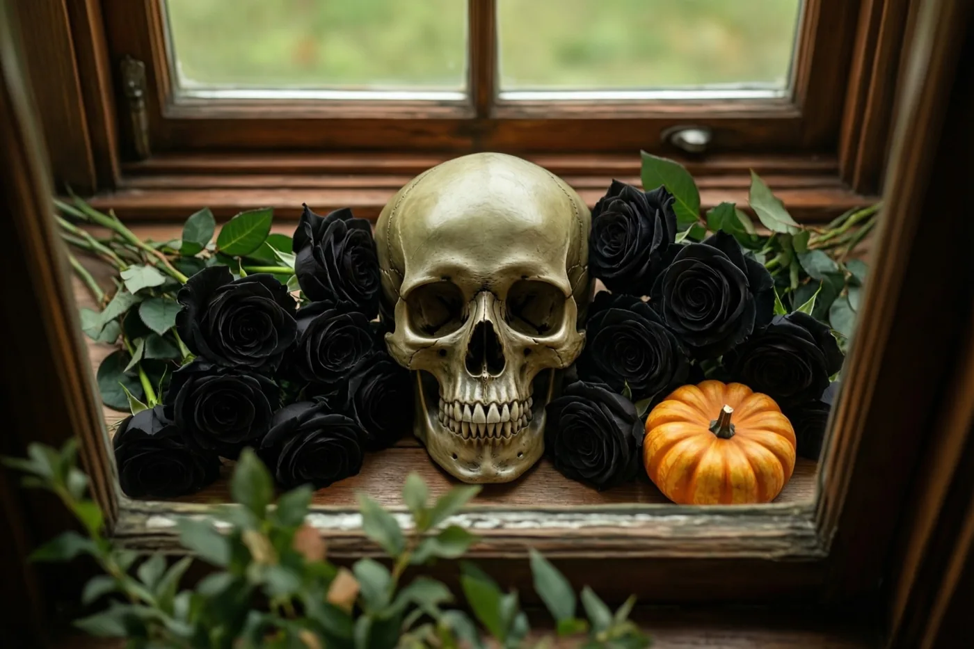 Een schedel staat met zwarte rozen en een kleine oranje pompoen op een houten vensterbank, verlicht door daglicht door een raam met een houten kader.