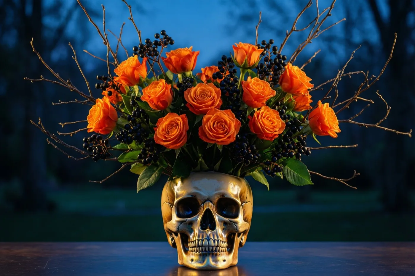 Een keramische schedelvaas bevat oranje rozen, zwarte bessen en kale twijgen tegen een donkerblauwe schemerachtergrond.