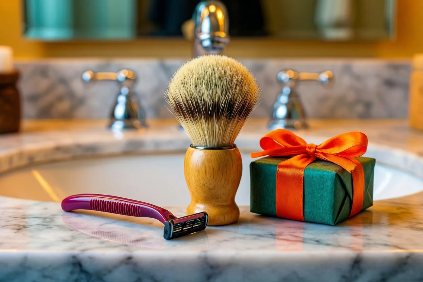 Een scheerkwast, een scheermes en een ingepakt cadeau liggen op een marmeren wastafel in een warm verlichte badkamer met groene, oranje en beige tinten.