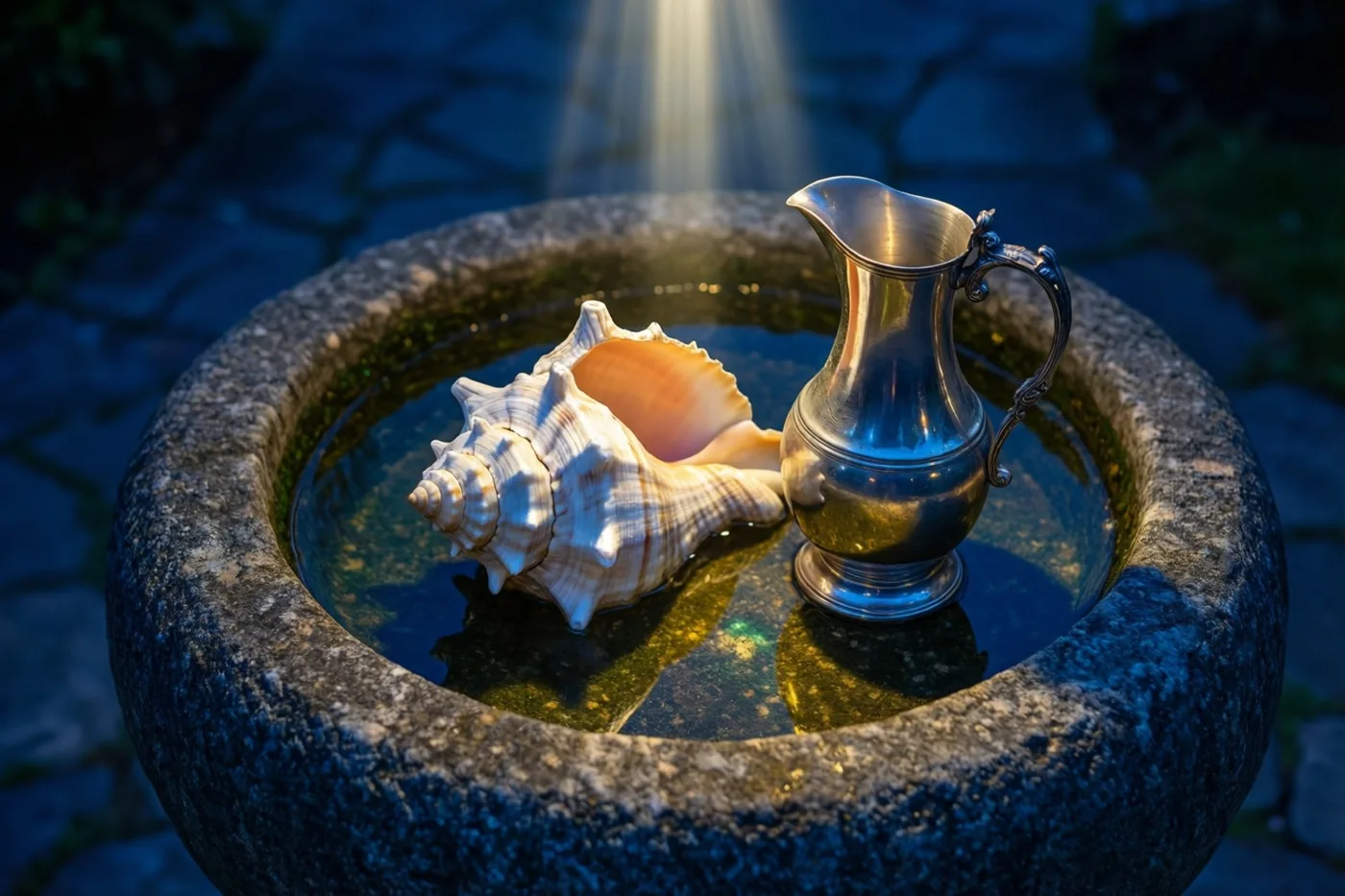 Een witte spiraalschelp en een zilveren kan liggen in een stenen doopvont met water op een stenen buitenvloer, verlicht door één lichtstraal.
