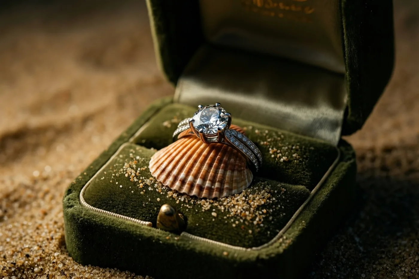 Een open groen fluwelen ringdoosje ligt op het zand, met een ring met één diamant op een schelp in goudkleurig licht.