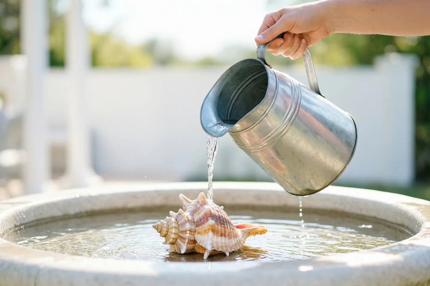 Een hand giet water uit een zilveren kan in een grote schelp in een stenen bekken, buiten bij daglicht met een onscherpe witte omheining op de achtergrond.