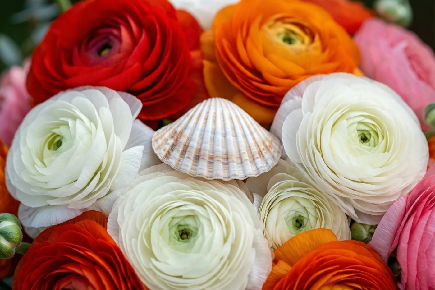 Een kleine witte sint-jakobsschelp ligt tussen rode, oranje, roze en witte ranonkels, van dichtbij gefotografeerd in helder licht tegen een onscherpe achtergrond.