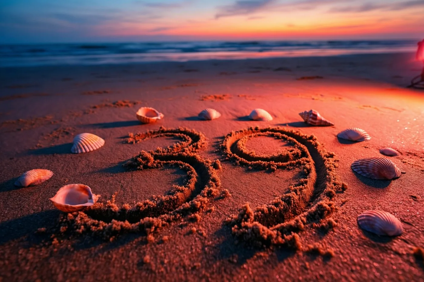 Het getal 39 staat in het strandzand tussen verspreide schelpen, verlicht door een oranje en roze zonsondergang.