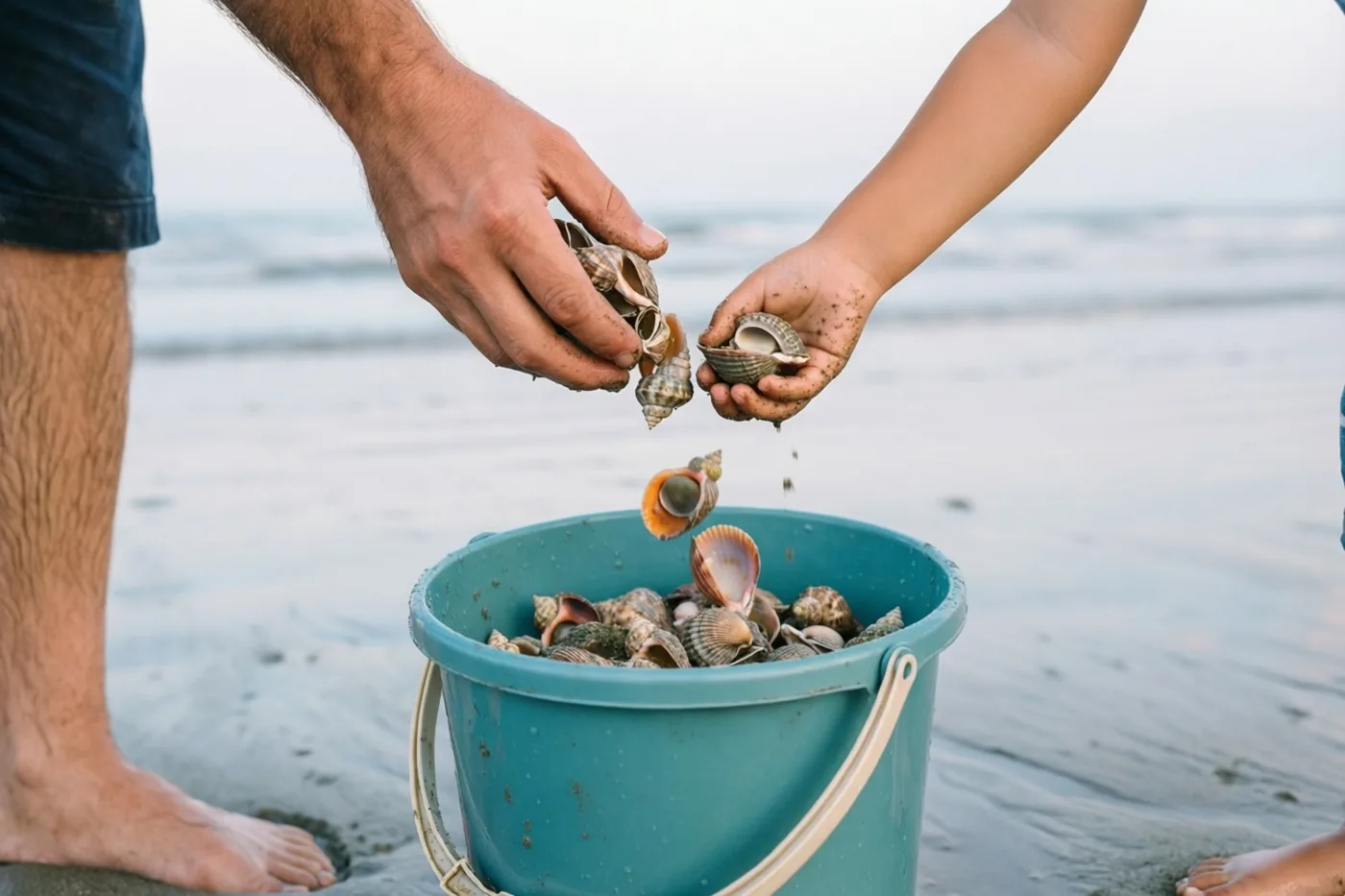Een volwassen hand en een kinderhand laten schelpen in een blauwe emmer vallen op een zandstrand bij eb, met de zee onscherp op de achtergrond.