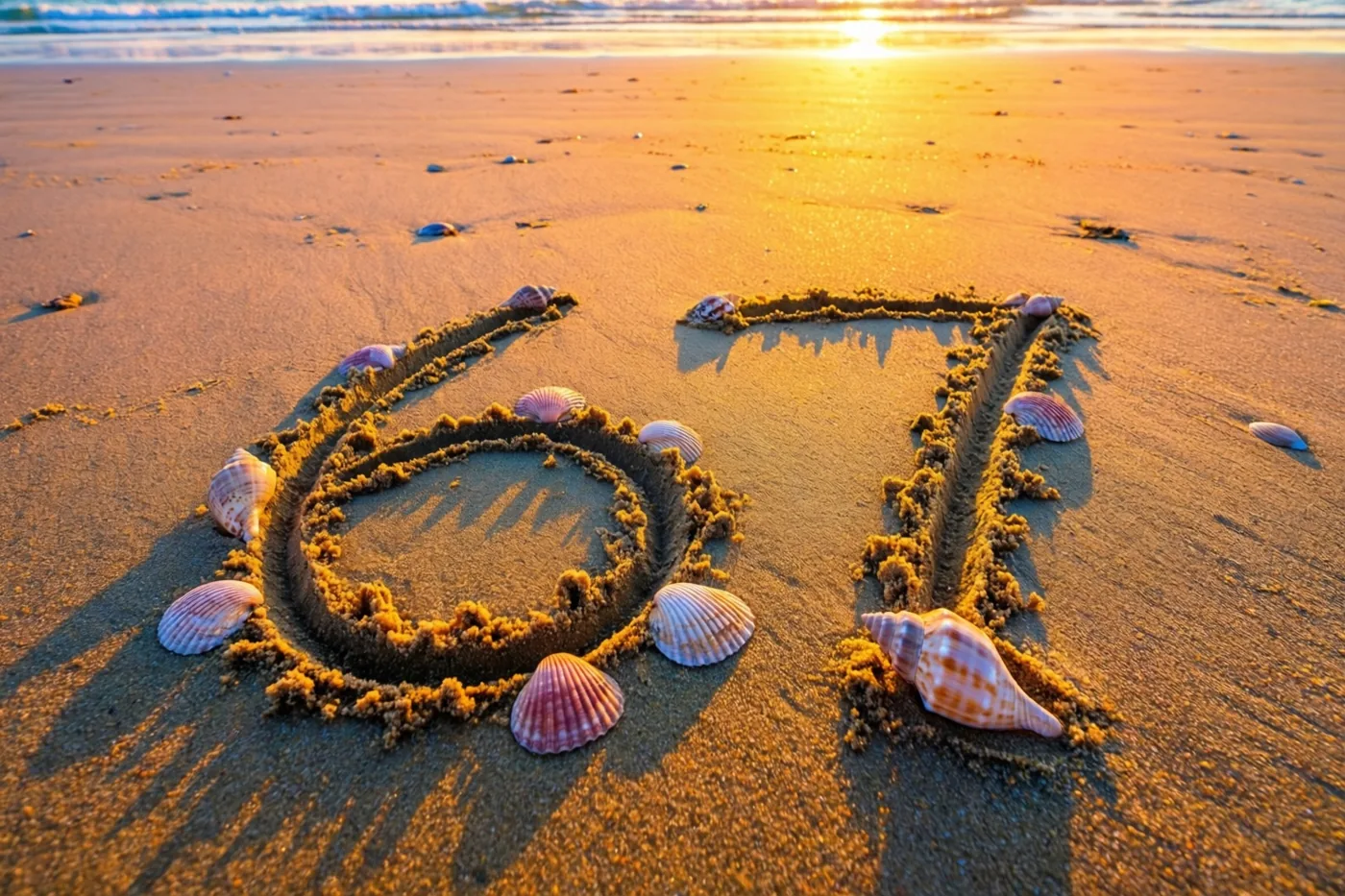 Het getal 67 is in het strandzand getekend en versierd met schelpen in de gouden, oranje en bruine tinten van een zonsondergang.