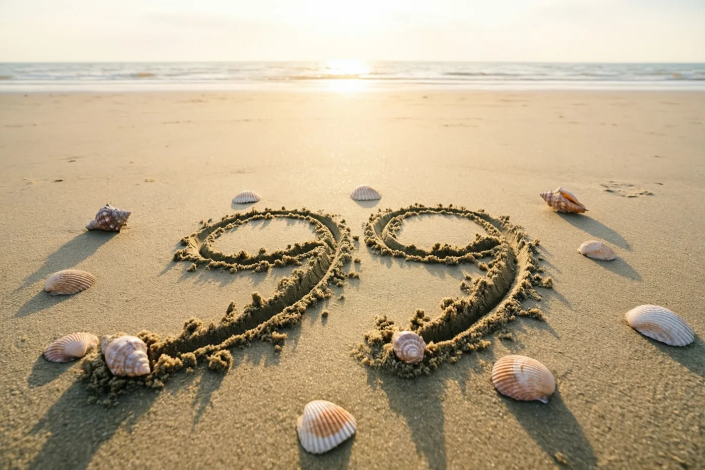 Het getal 99 staat in het zand tussen verspreide schelpen op een strand, met de zee op de achtergrond bij een goudkleurige zonsondergang.