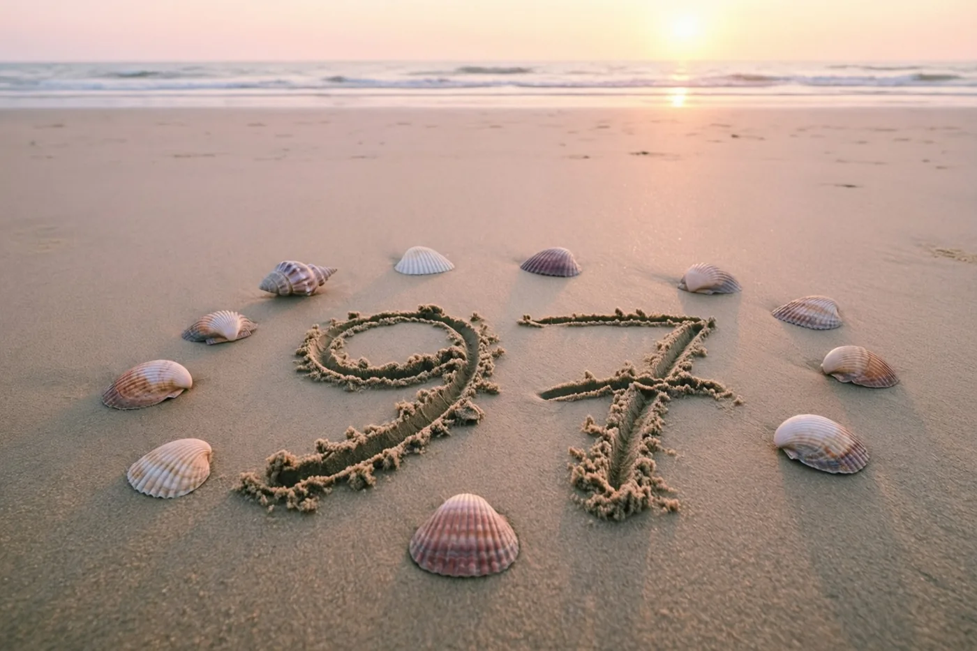 Het getal 97 staat in het zand tussen verspreide schelpen, met de zee en de horizon in het gouden licht van de zonsondergang.