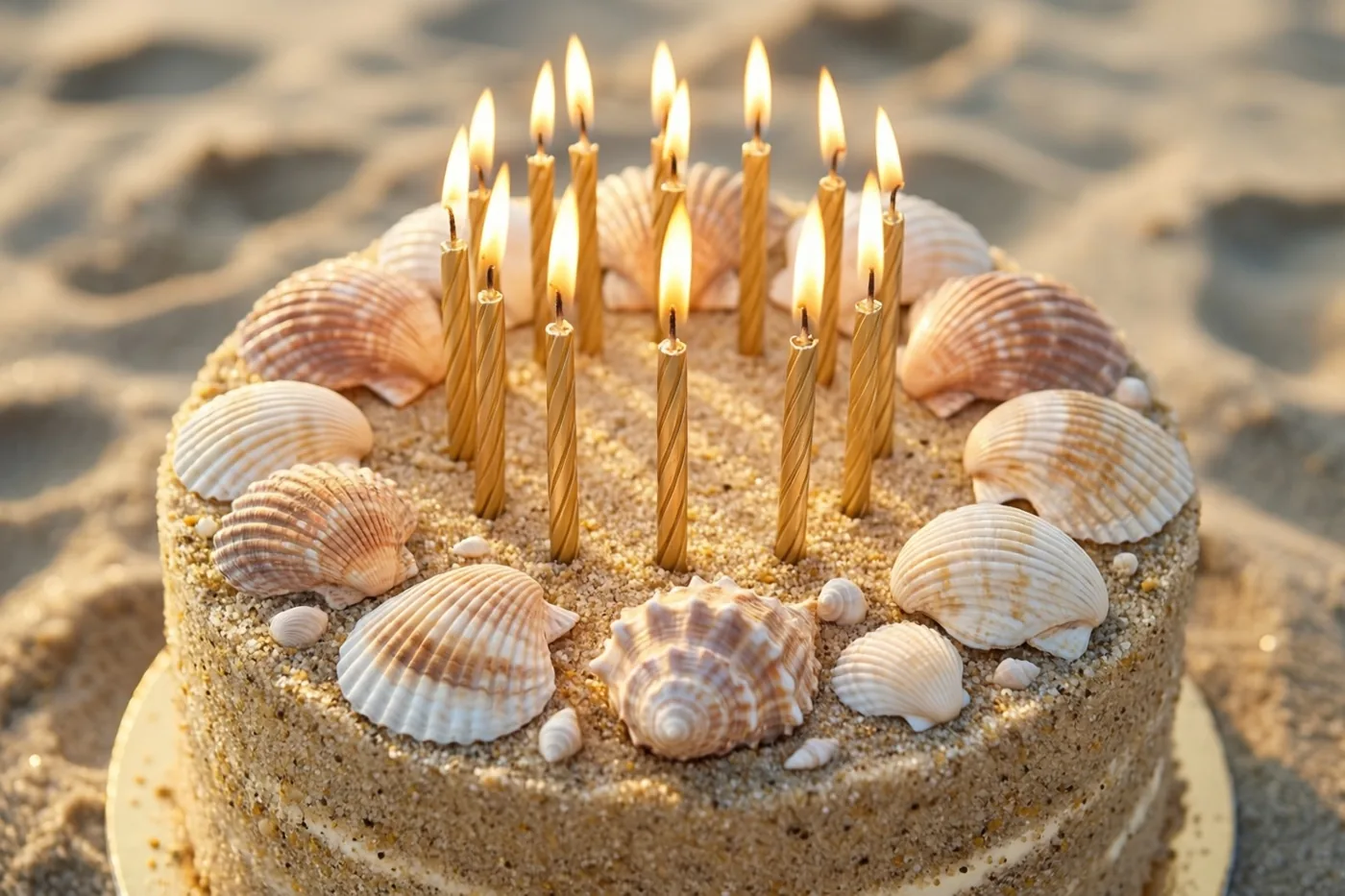 Een met zand bedekte verjaardagstaart, versierd met schelpen en brandende gouden kaarsen bovenop, staat op een zandstrand in warm zonlicht.