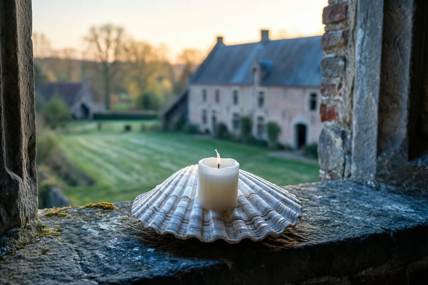 Een brandende witte kaars staat in een witte sint-jakobsschelp op een verweerde stenen vensterbank, met een wazig landelijk uitzicht op een Vlaamse hoeve bij zonsondergang en koelblauwe en grijze tinten vooraan.